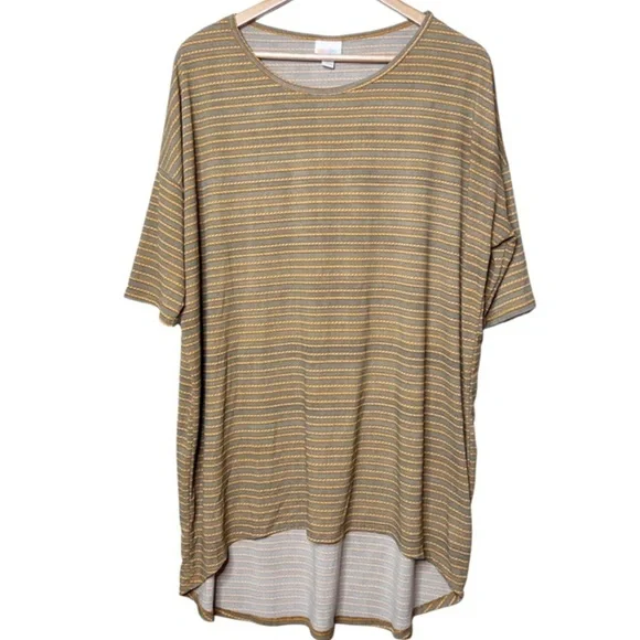 LuLaRoe Classic T Heathered Stripe‎ Gray Yellow Short Sleeve Top Women OS - Picture 8 of 16